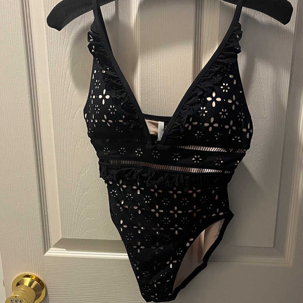 J. Crew Black One-Piece Swimsuit with Laser-Cut Floral Detail